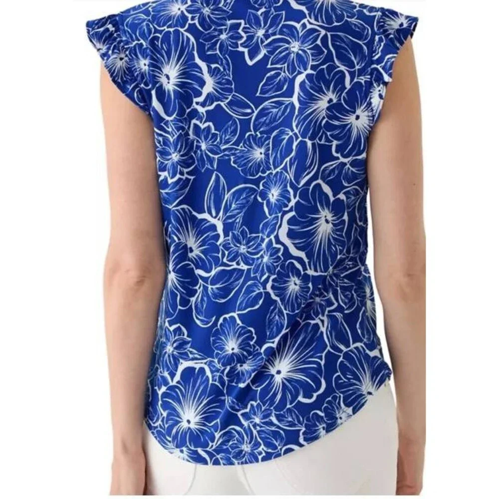 AK Anne Klein Blue Floral Blouse Short Sleeve V-Neck Ruffled Cap Size L - Picture 2 of 6
